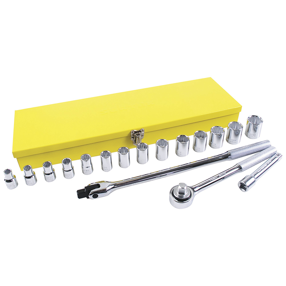 Juego de dados y accesorios cuadro de 1/2" en pulgadas caja metálica amarilla, 17 piezas
