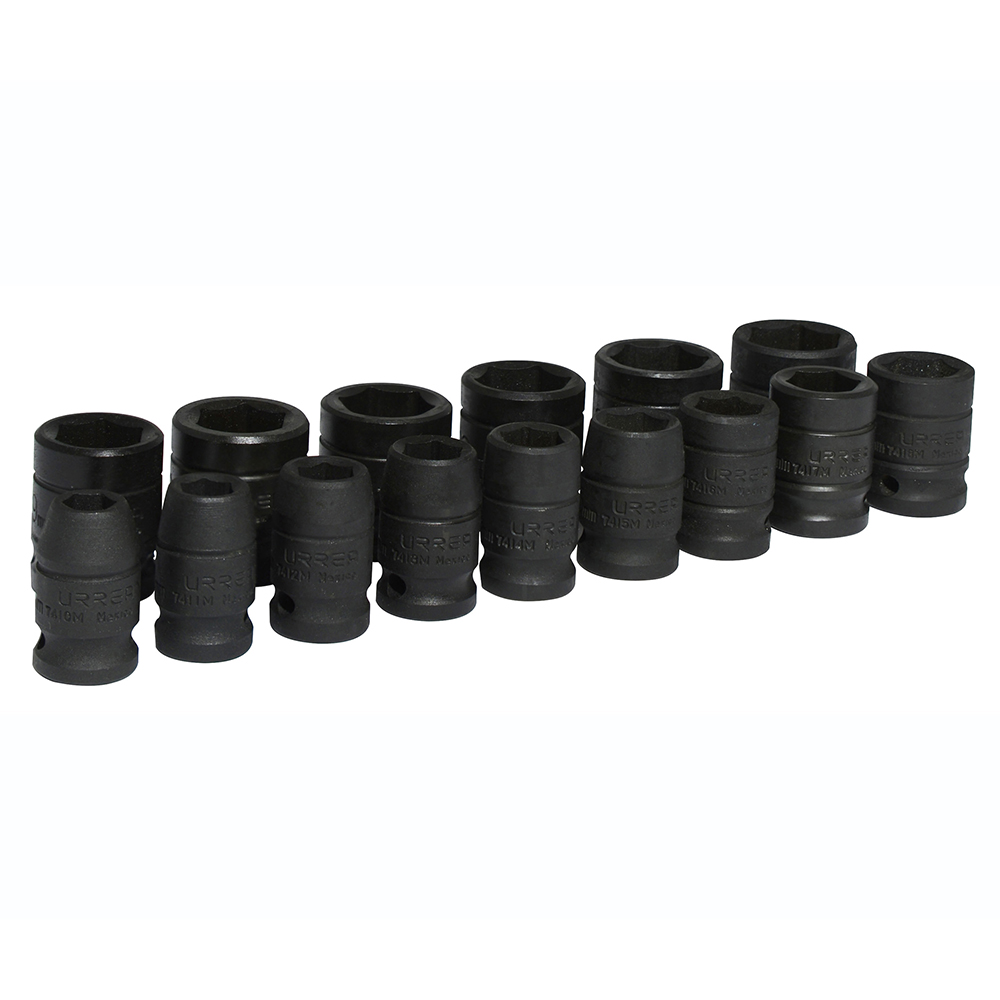 Juego de dados de impacto cuadro de 1/2", 6 puntas, métricos,caja metálica, 15 piezas