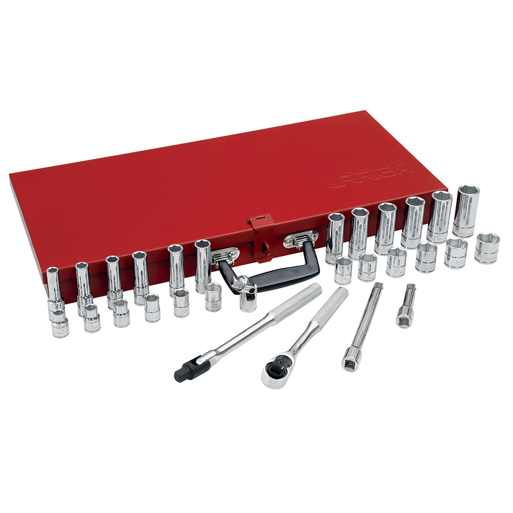Juego de dados y accesorios cuadro de 3/8" métrico 6 puntas, 30 piezas