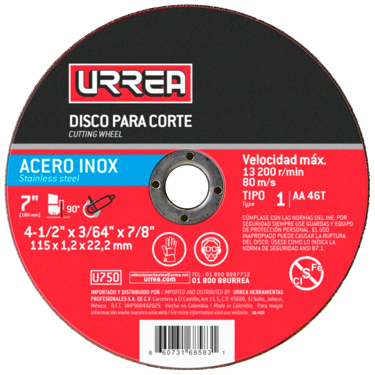 Disco abrasivo tipo 1 para acero inoxidable, 4-1/2" x 3/64",13,200 RPM