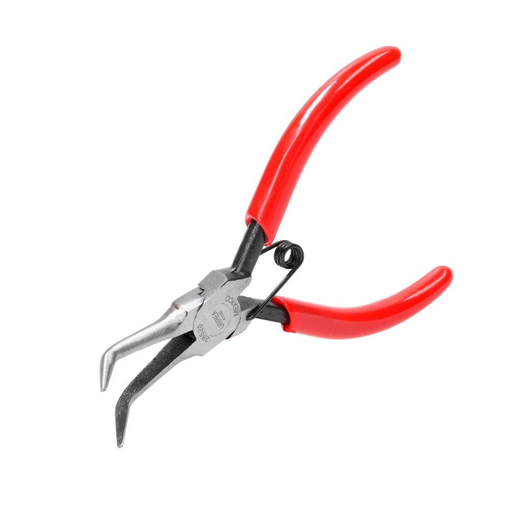 Pinza para electricista con mango rubber grip punta aguja lisa curva 45° de 5-11/32"