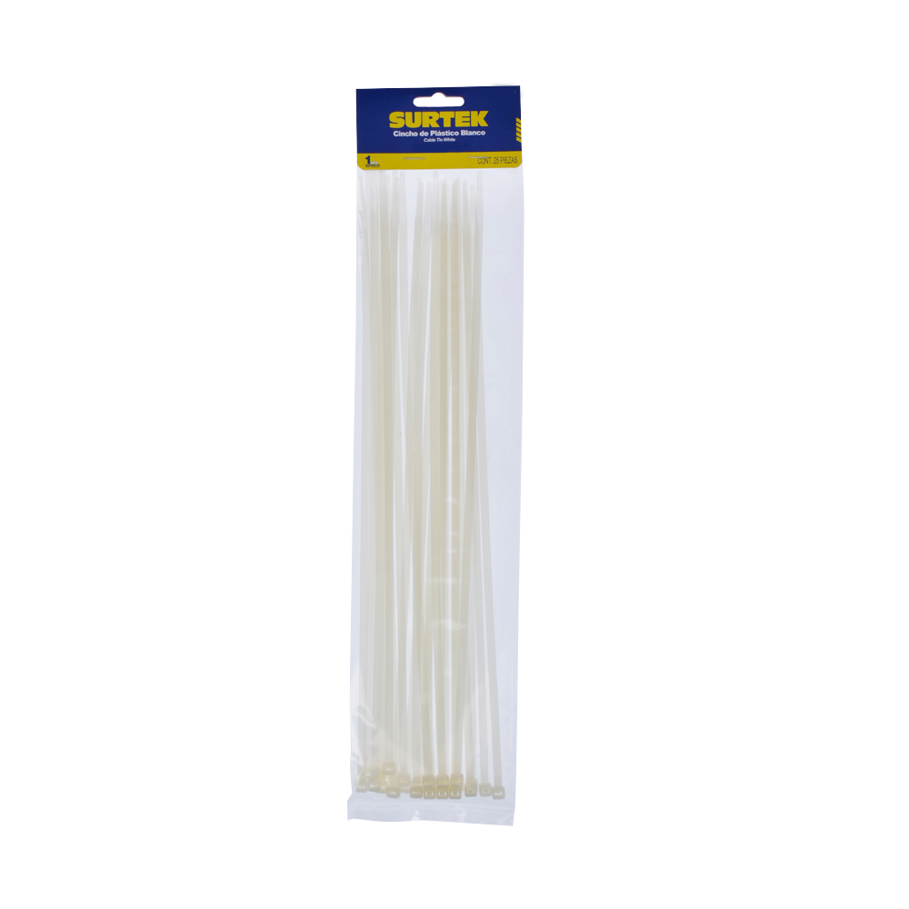 Cinchos plásticos 368 x 4.6 mm, tensión 22 kg de 25 piezas, color blanco