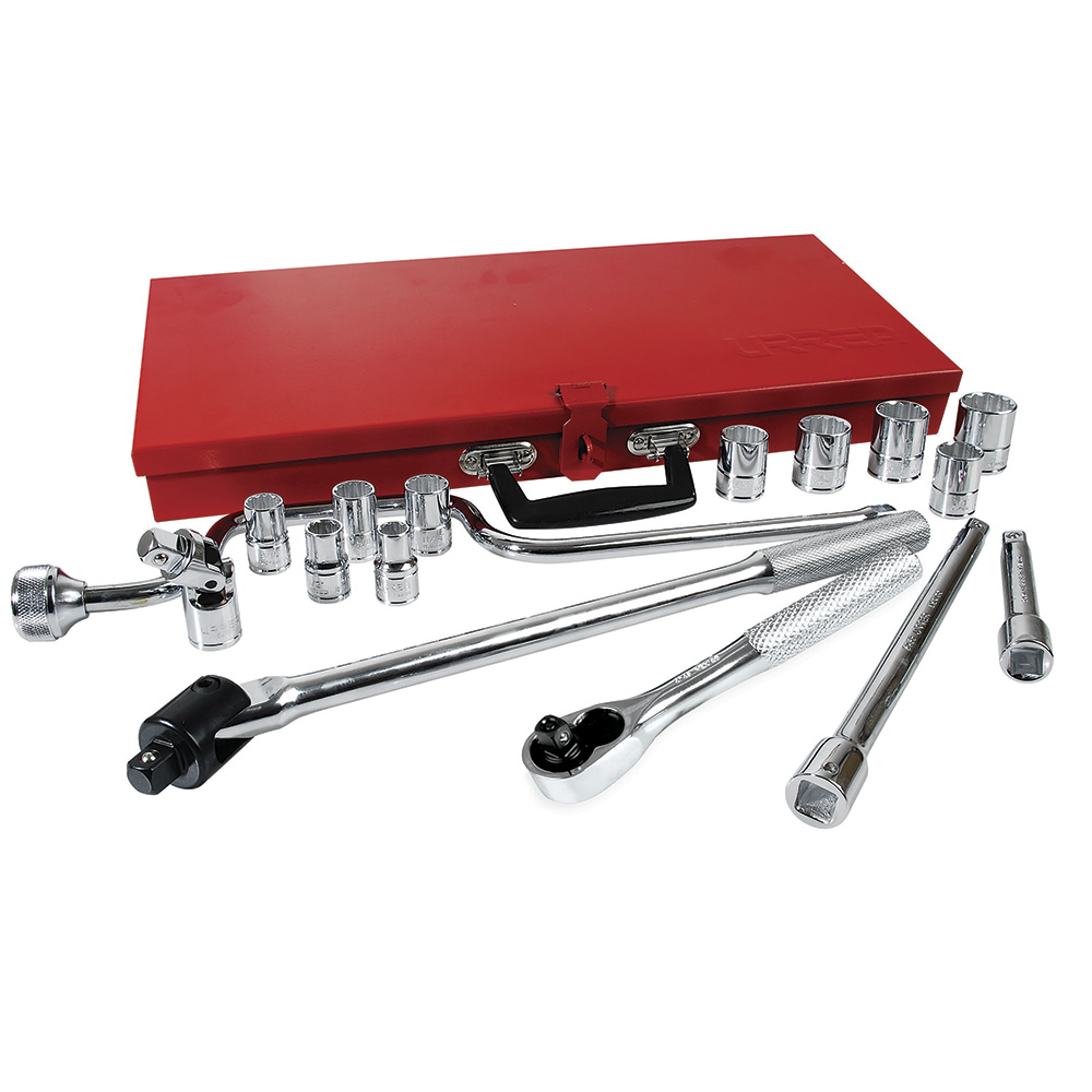 Juego de dados y accesorios cuadro de 1/2" en pulgadas caja metálica roja, 17 piezas