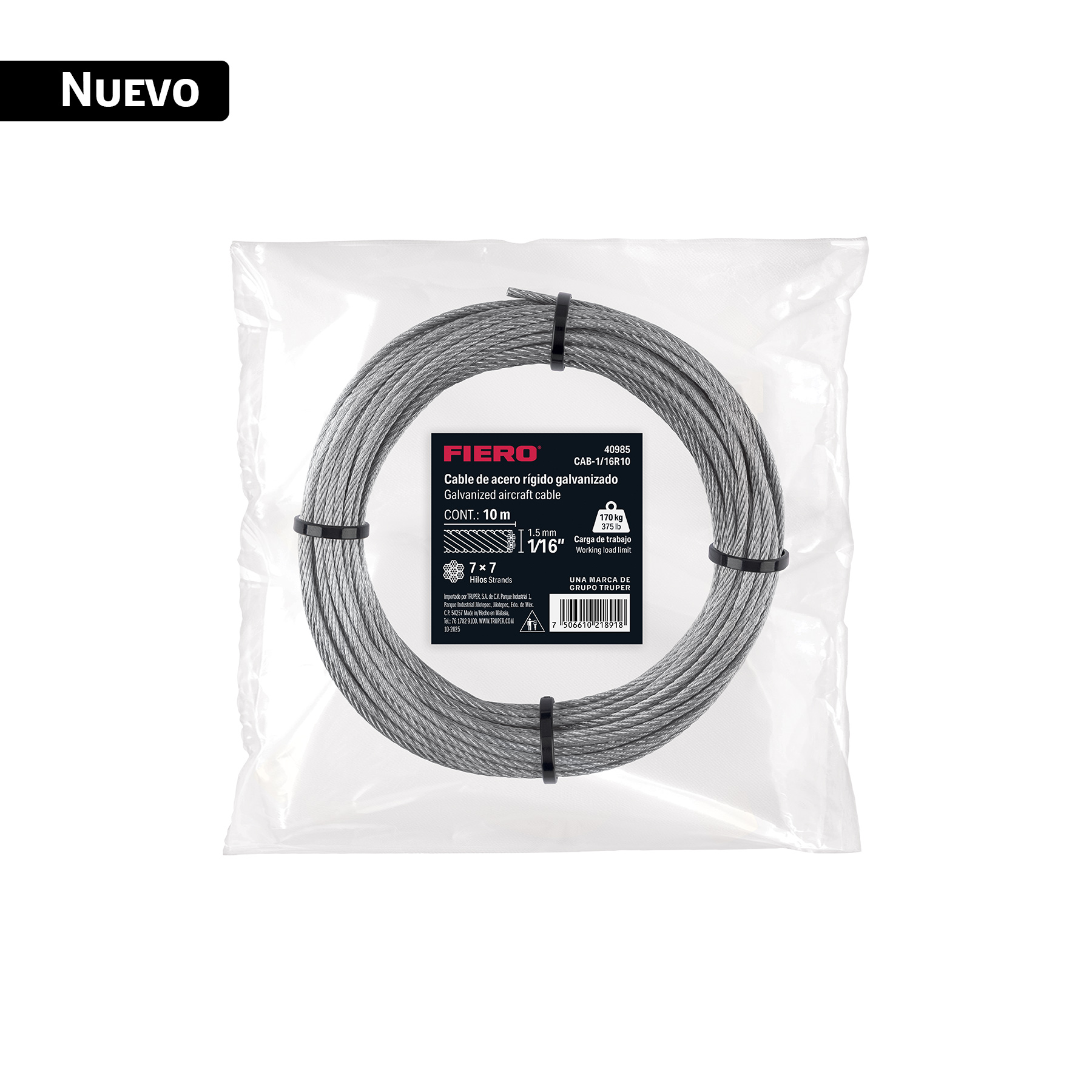 Cable rígido 1/16' x 10 m, acero galvanizado, FIERO