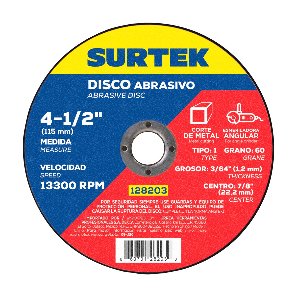 Disco abrasivo tipo 1 para metal, 4-1/2" x 3/64"