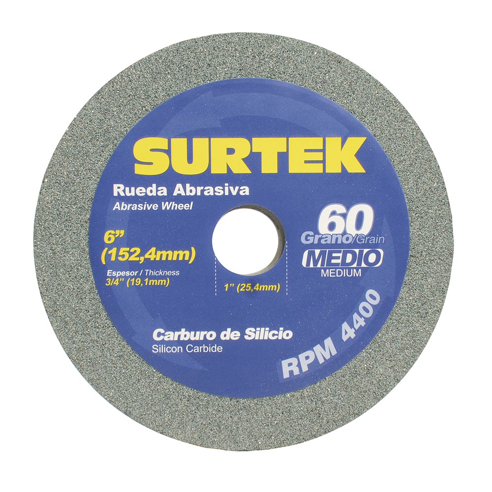Rueda abrasiva de carburo de silicio verde grano 60, 6" x 3/4"