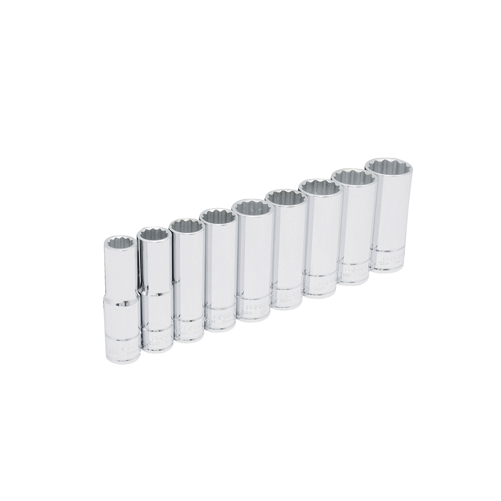 Juego de dados largos cuadro de 1/2", 12 puntas, en pulgadas, 9 piezas
