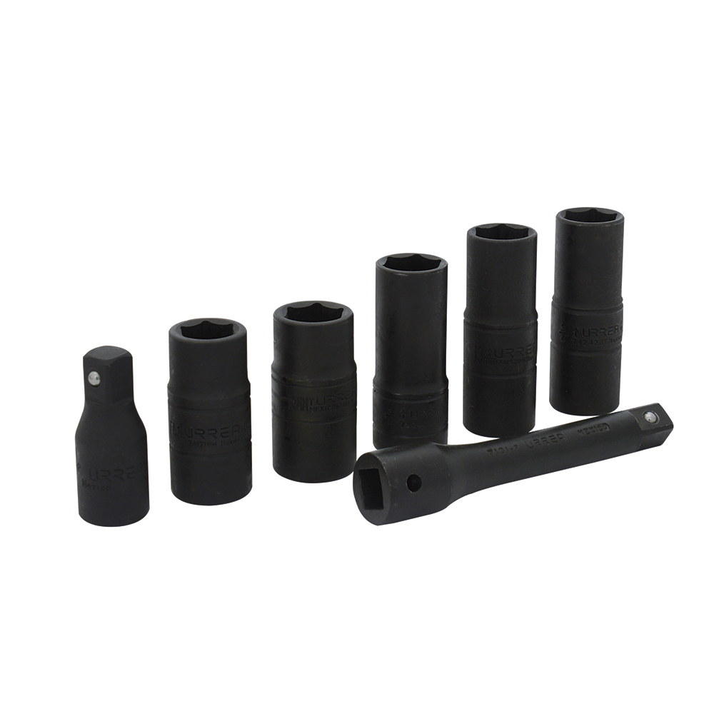 Juego de dados de impacto doble boca cuadro de 1/2" combinados, 6 puntas, 7 piezas