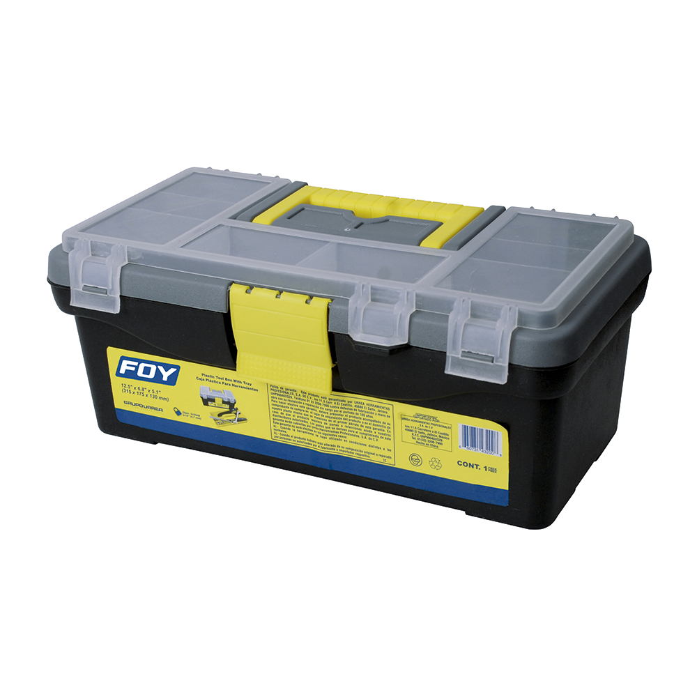 Caja portaherramientas plástica con broches plásticos y organizador color negro 12" x 6" x