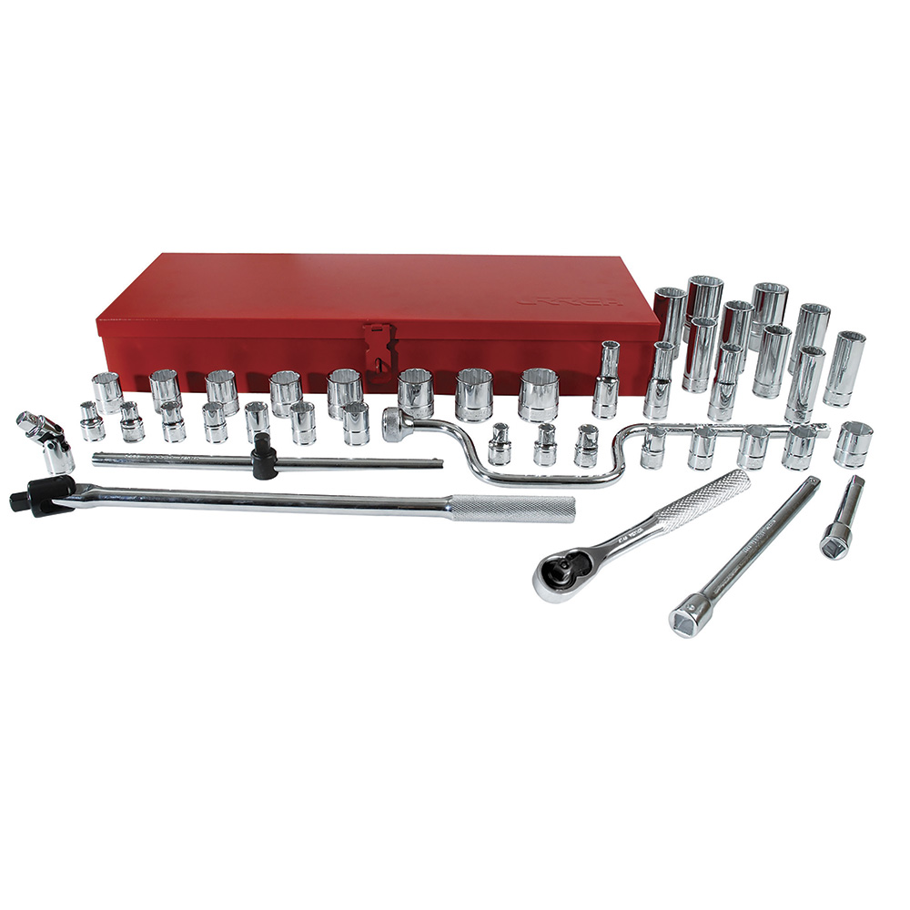 Juego de dados y accesorios cuadro de 1/2" en pulgadas caja metálica, 43 piezas