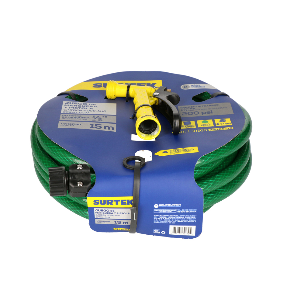Manguera para jardín tramada verde con pistola para riego 1/2", 15 m