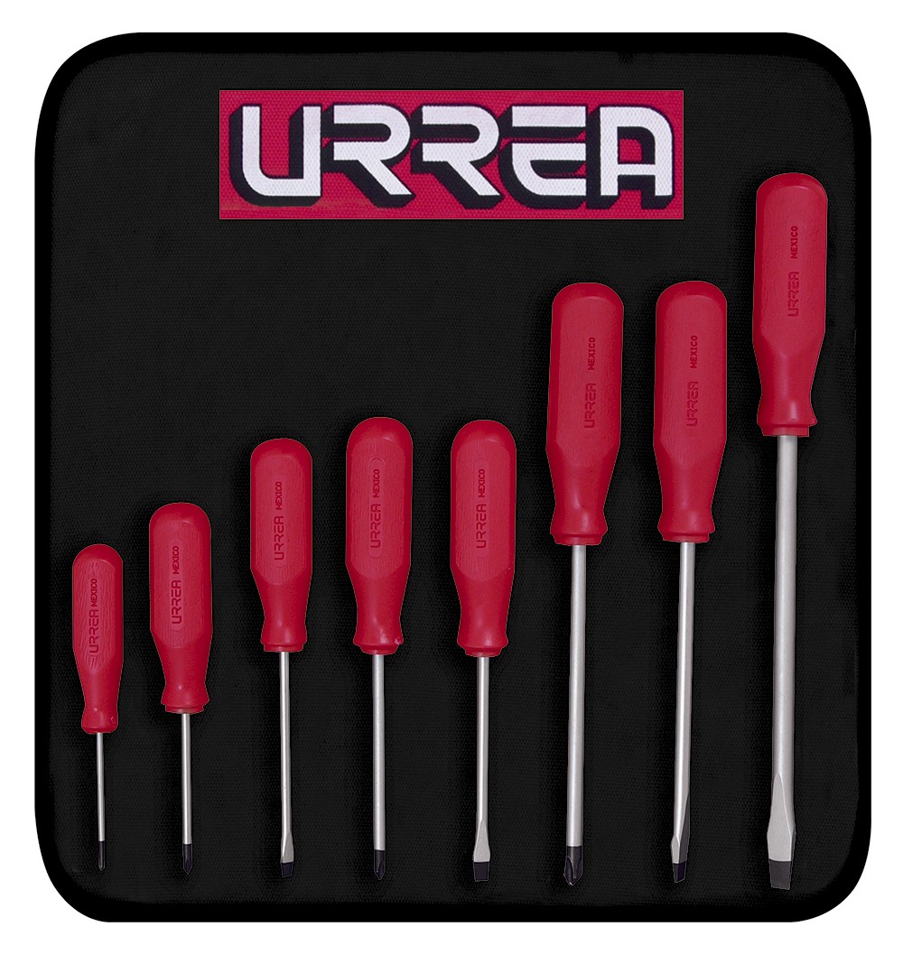 Juego de destornilladores con mango rojo, combinados, 8 piezas en estuche