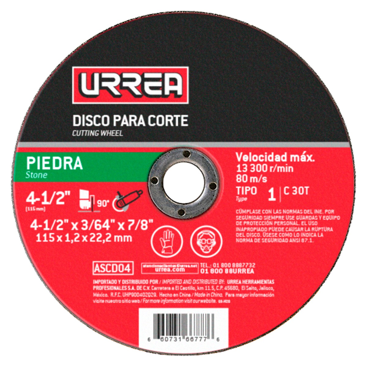 Disco abrasivo tipo 1 para piedra, 4-1/2" x 3/64"