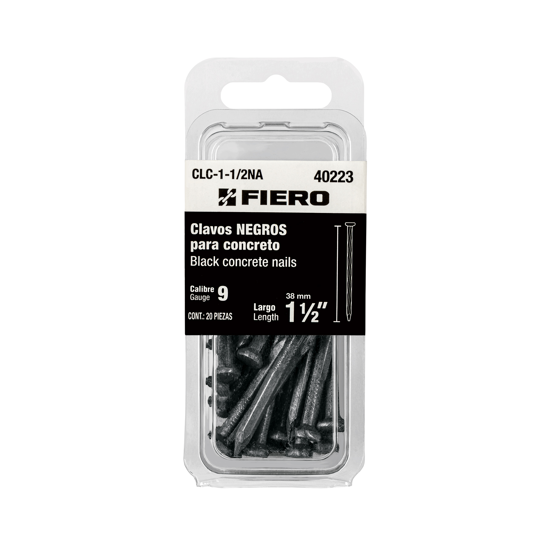 Blíster con 20 clavos negros para concreto 1-1/2', FIERO