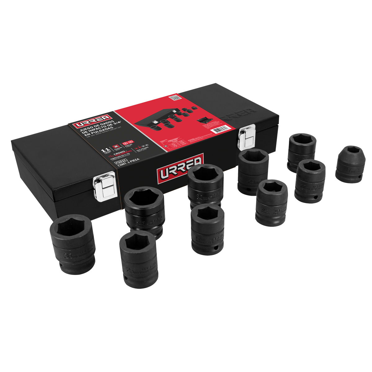 Juego de dados de impacto cuadro de 3/4", 6 puntas, en pulgadas,caja metálica, 10 piezas