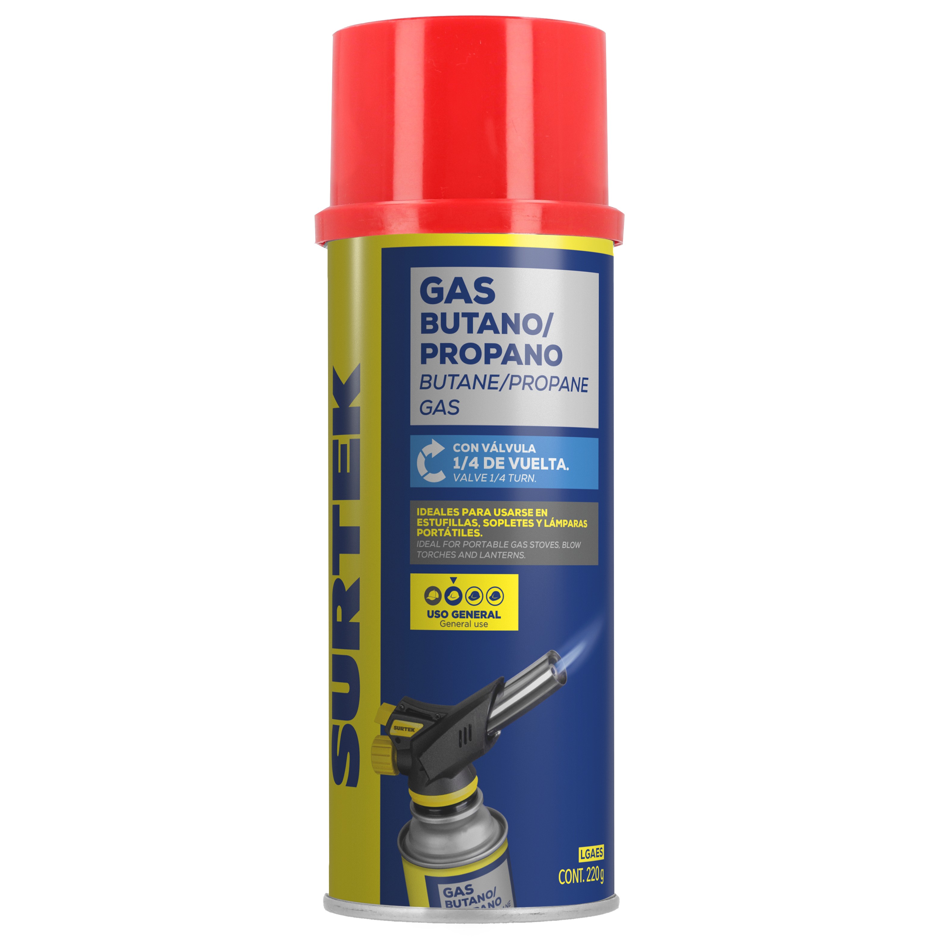 Lata de gas butano/propano con válvula 1/4 de vuelta 220 g