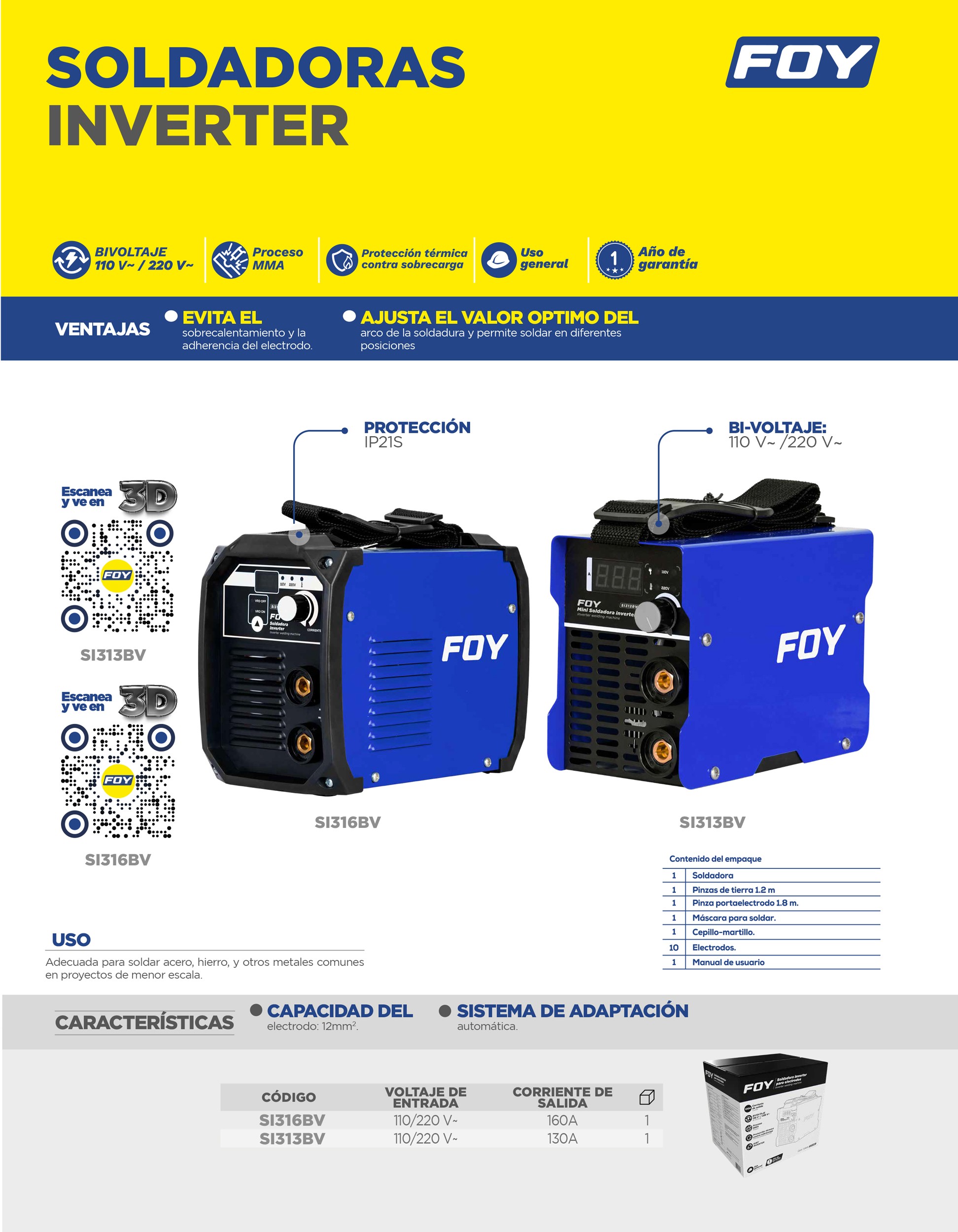 Soldadora inverter para electrodos de 1 fase bi voltaje 110-220 V, 160 A