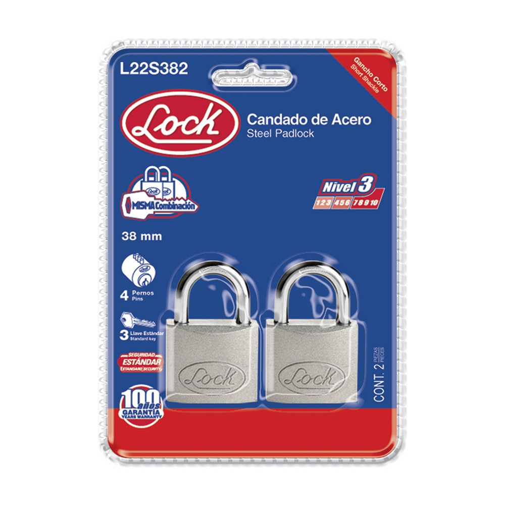 Juego de candados de acero cortos 38 mm, llave estándar, 2 piezas