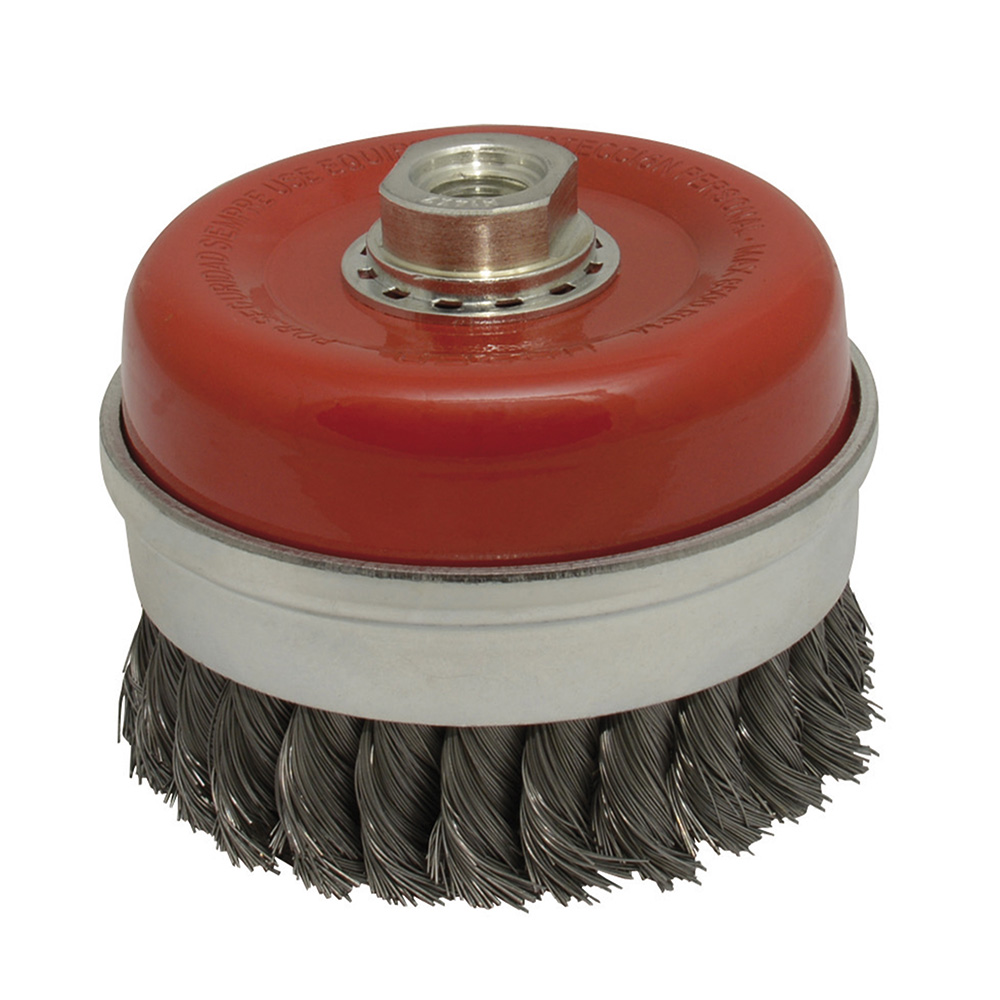 Carda copa trenzada alambre grueso 5" x 0.50 mm con rosca M14 para cepillos agresivos