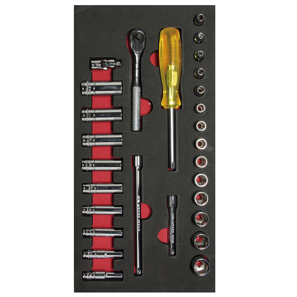 Juego de dados cortos, largos y accesorios cuadro de 1/4" métricos 28 piezas CH103-C
