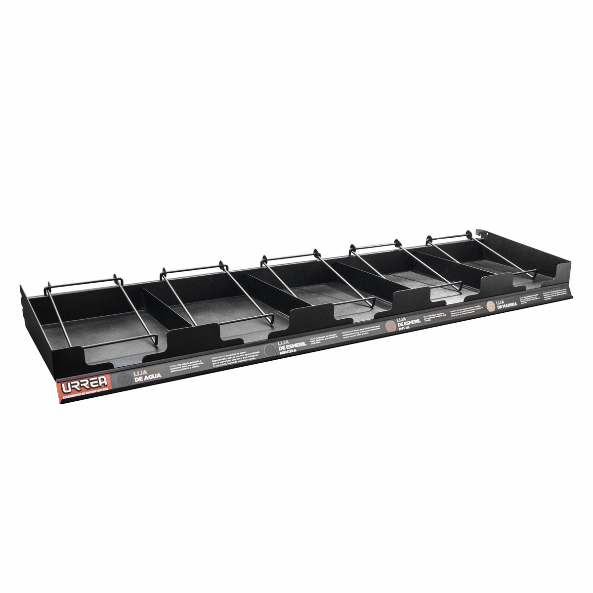 Rack despachador de góndola para lijas, 5 charolas, 122 x 30 cm