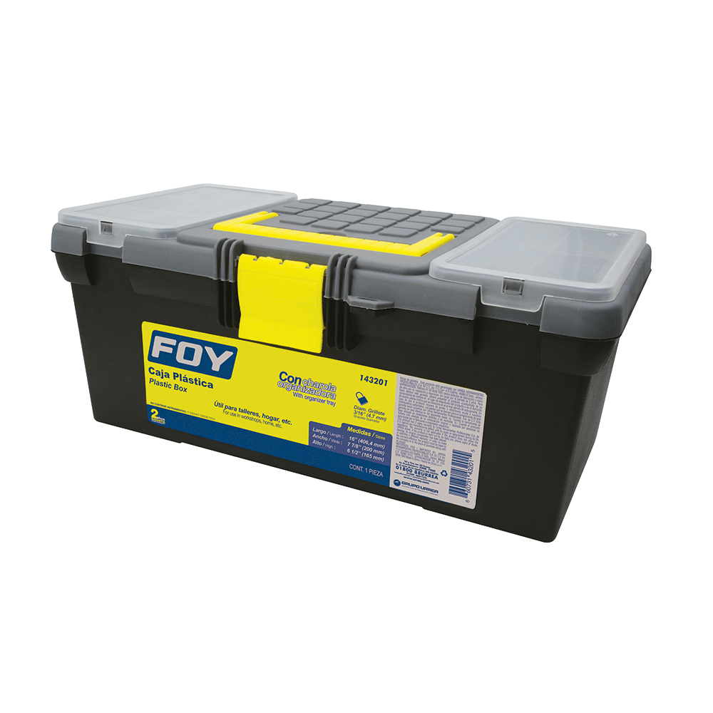 Caja portaherramientas plástica con broches plásticos y organizador color negro 16" x 7" x