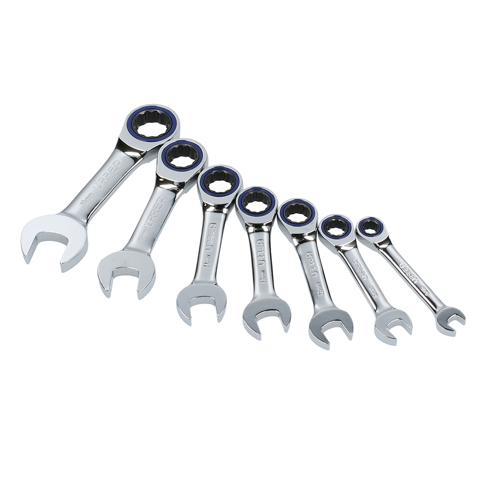 Juego de llaves combinadas cortas pulido espejo de matraca mét, 12 puntas,7 pz en rack