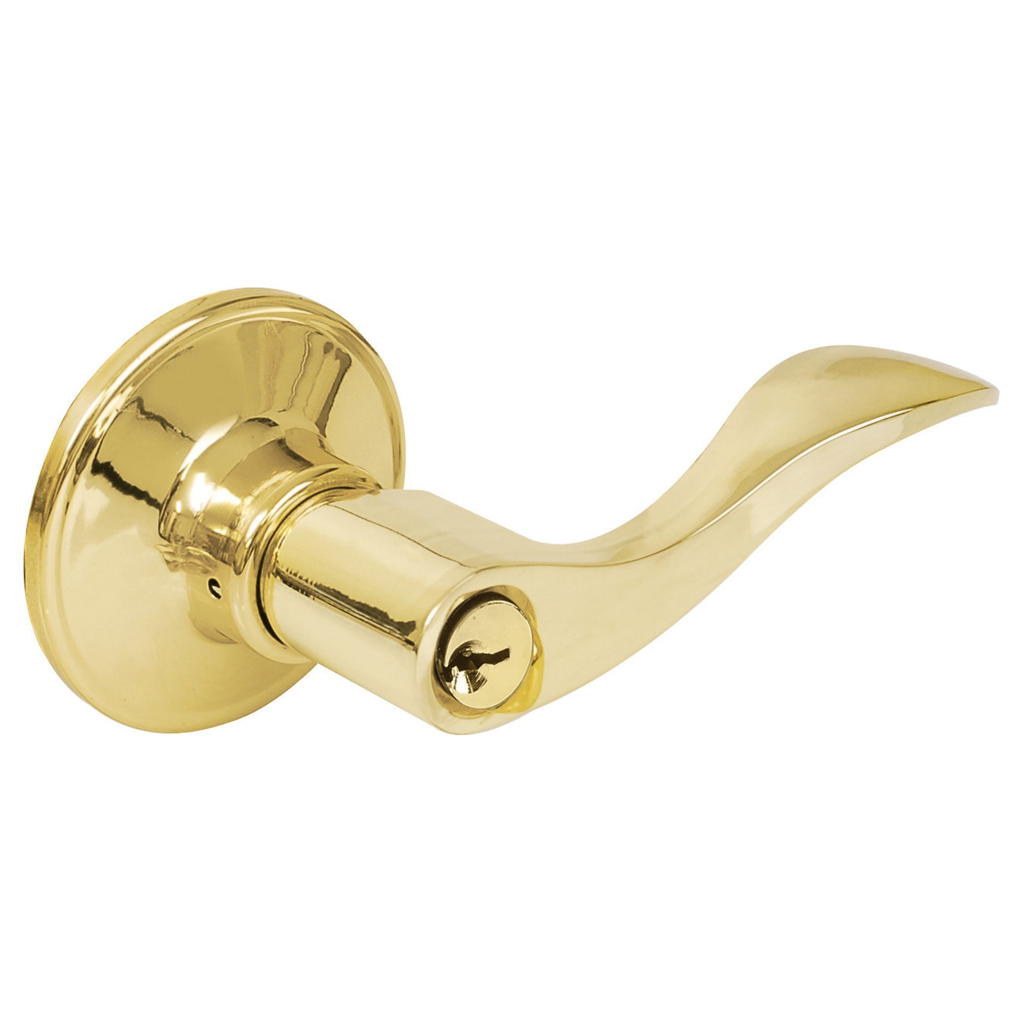 Manija tubular curva función baño, latón brillante, llave estándar, blíster