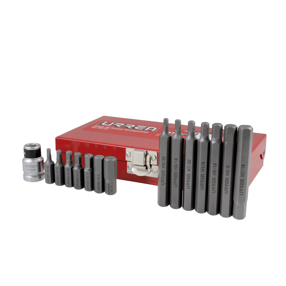 Juego de puntas hexagonales hexágono de 3/8" in, con adaptador, 15 pz en caja metalica