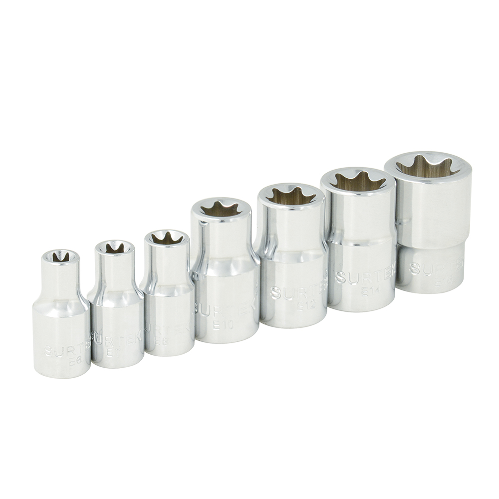 Juego de dados con punta torx hembra cuadro de 1/4" y 3/8, 7 piezas