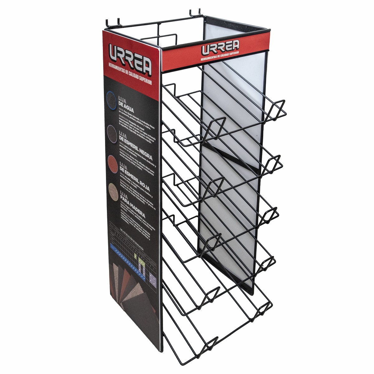 Rack despachador de mostrador y panel perforado para lijas, 5 charolas, 26 cm x 30 cm