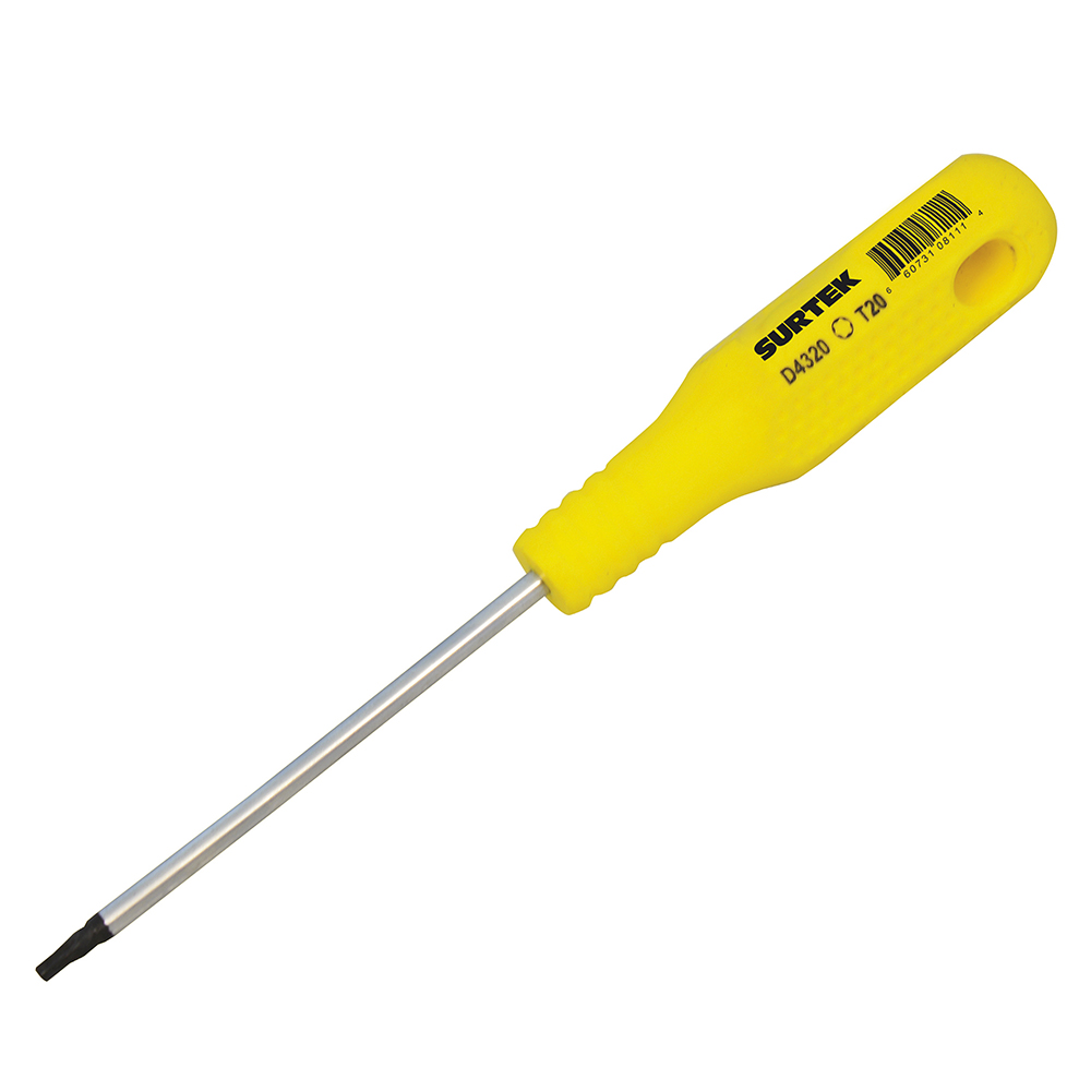 Destornillador con mango amarillo, punta Torx barra redonda T20 x 4"