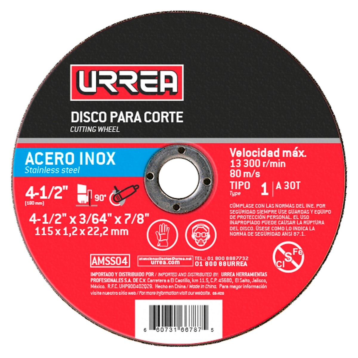 Disco abrasivo tipo 1 para acero inoxidable, 7" x 5/64"