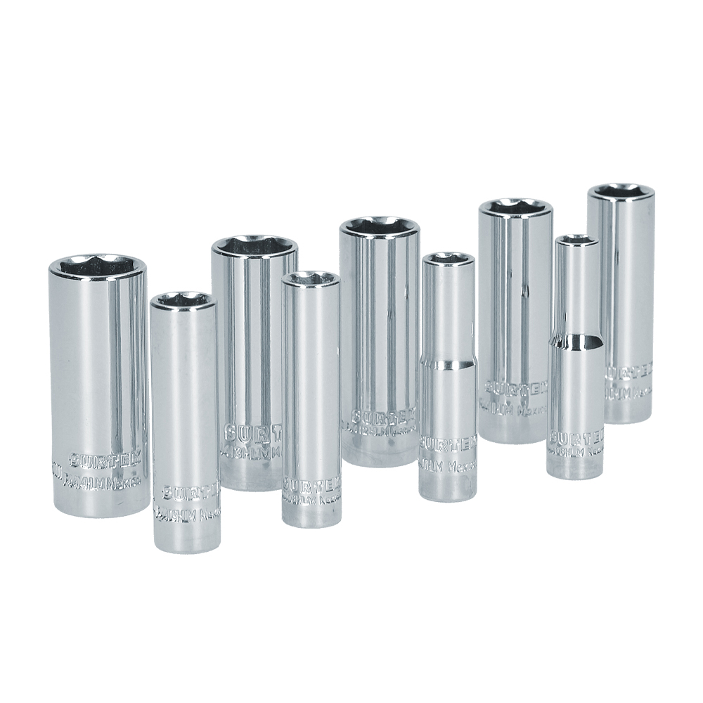 Juego de dados largos cuadro de 1/4", 6 puntas, métricos, 9 piezas