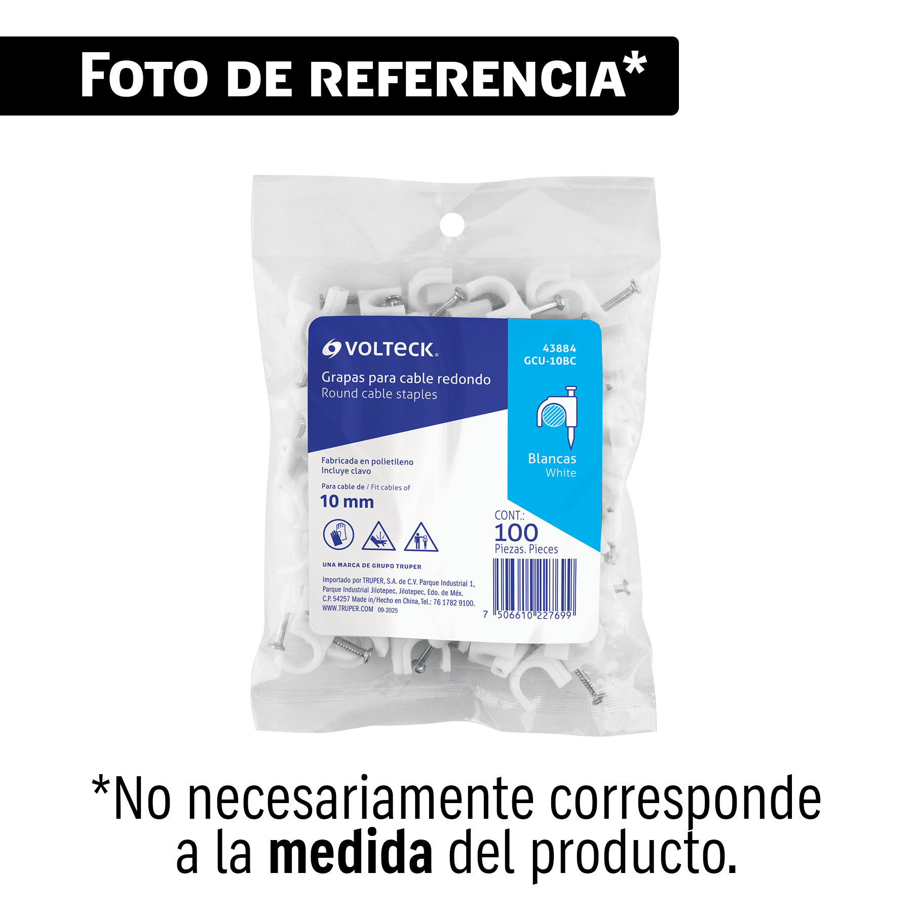 Bolsa con 100 grapas blancas de 16 mm para cable redondo