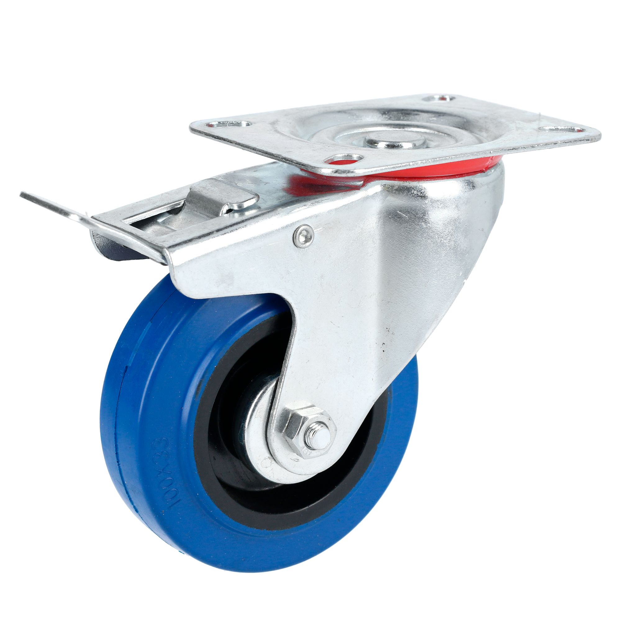 Rodaja de goma elástica giratoria con freno azul 4"