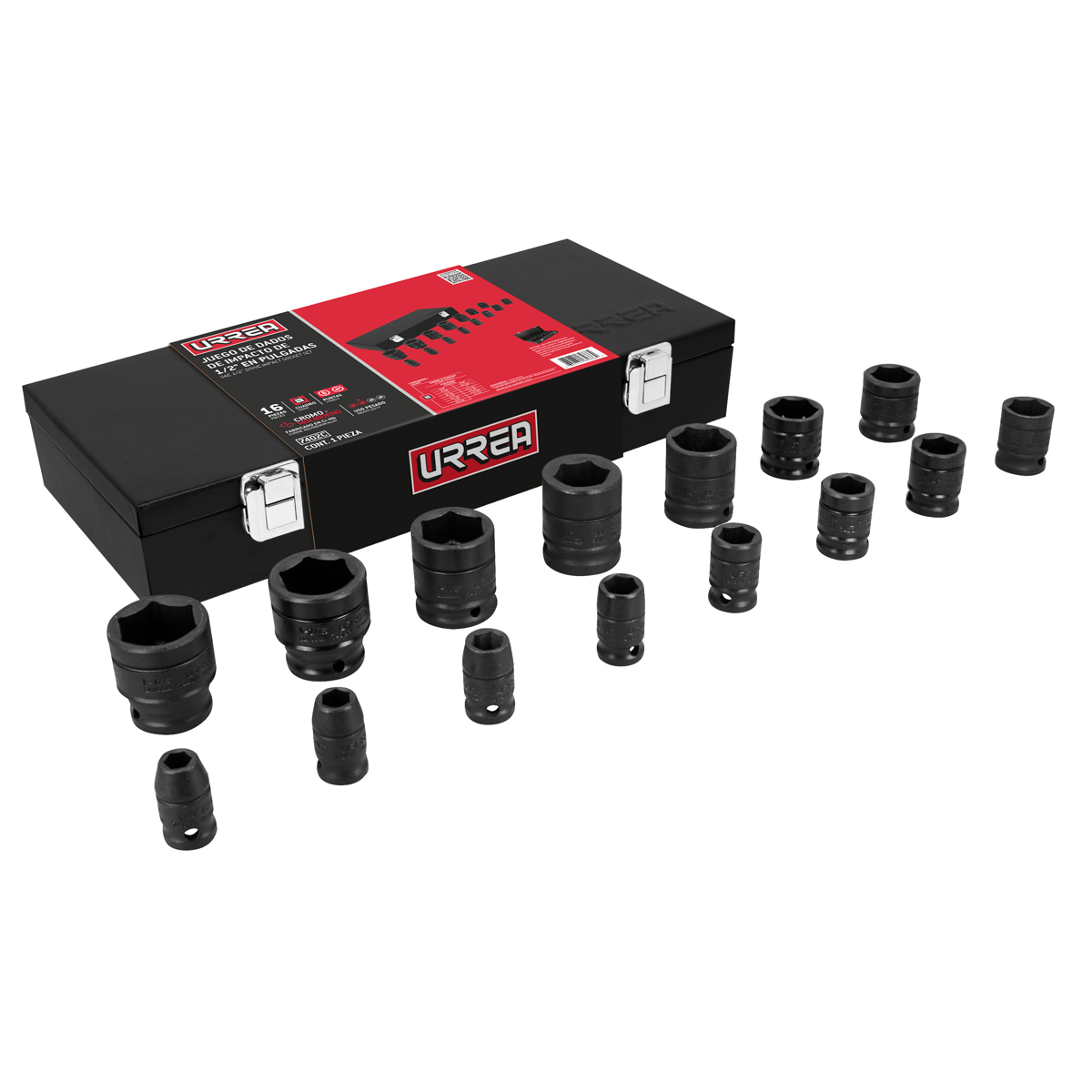 Juego de dados de impacto cuadro de 1/2", 6 puntas, en pulgadas, 15 piezas en caja