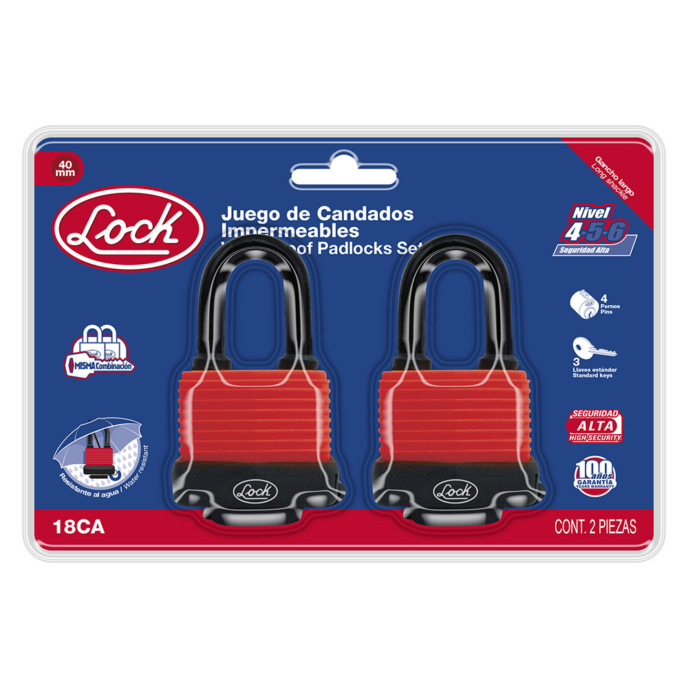 Juego de candados impermeables largos 40 mm, llave estándar, 2 piezas