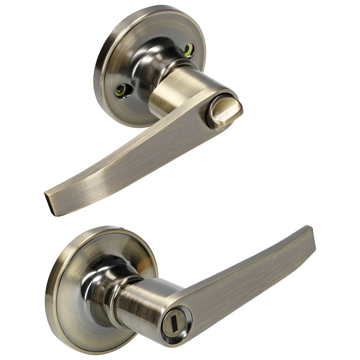 Manija tubular recta función baño, latón antiguo, llave estándar, blíster