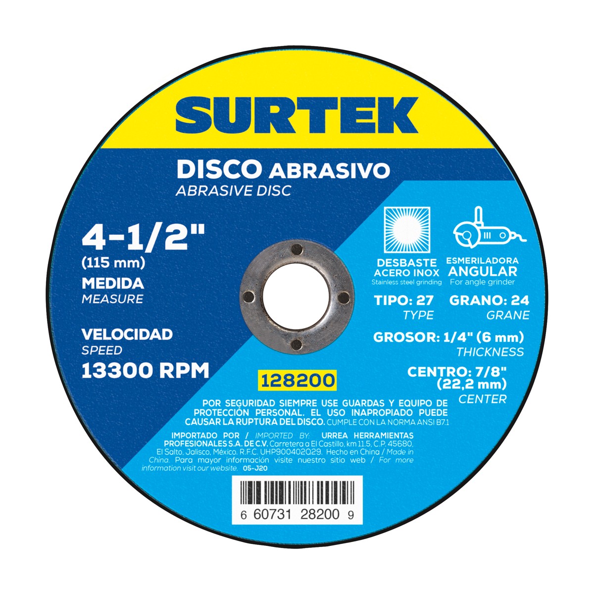 Disco abrasivo tipo 27 para metal, 4-1/2" x 1/4",13,300 RPM