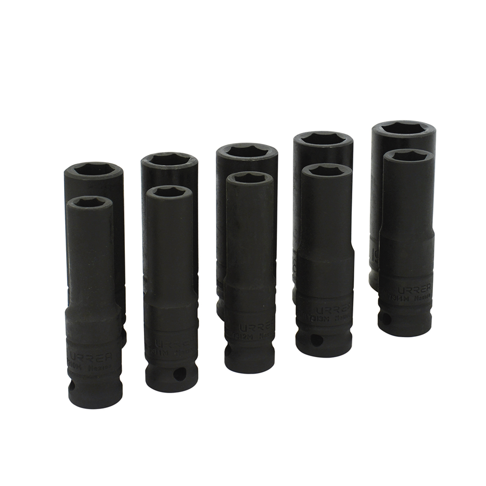 Juego de dados largos de impacto cuadro de 1/2", 6 puntas, métricos, 10 piezas