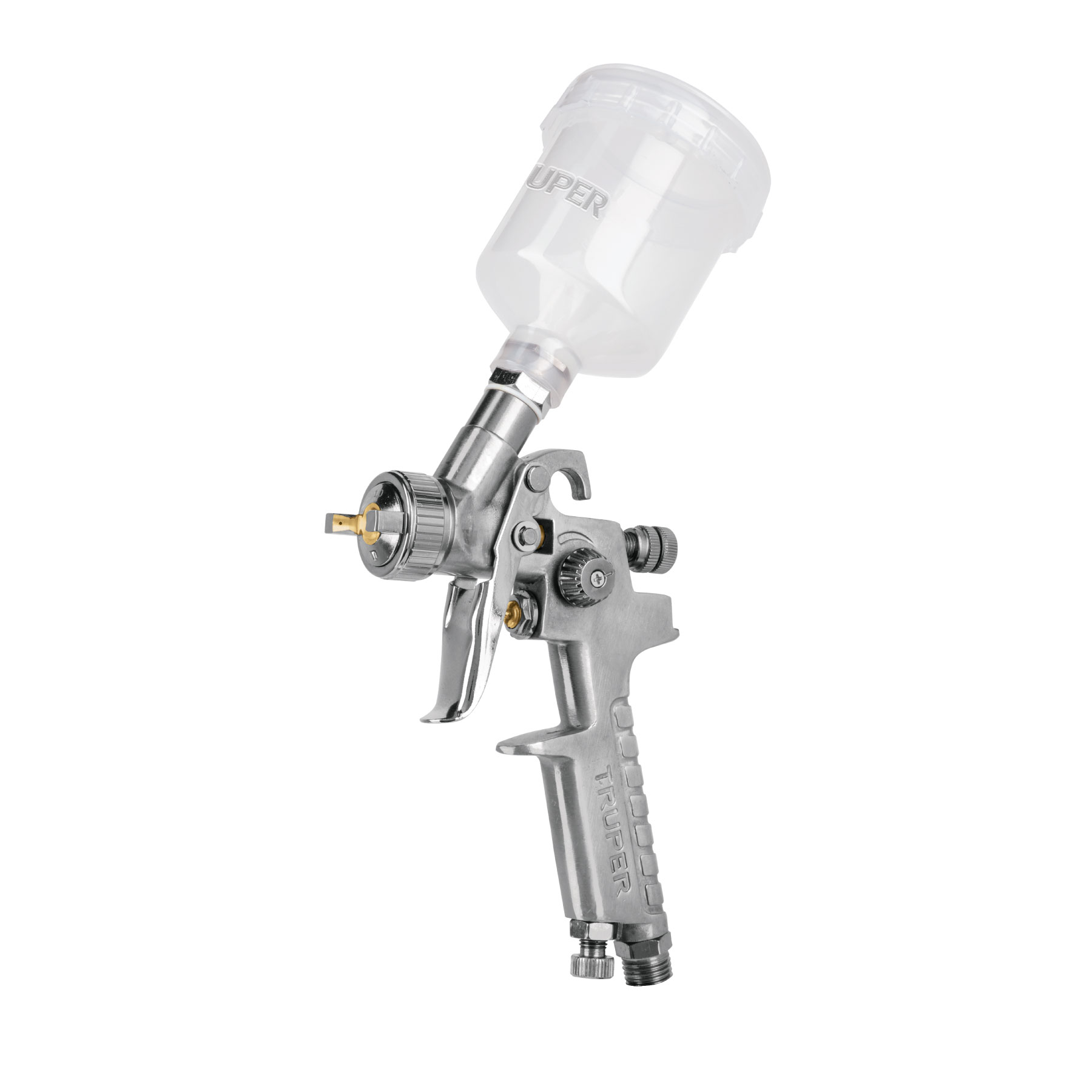 Pistola p/retoque gravedad HVLP vaso plástico, 1 mm, TRUPER