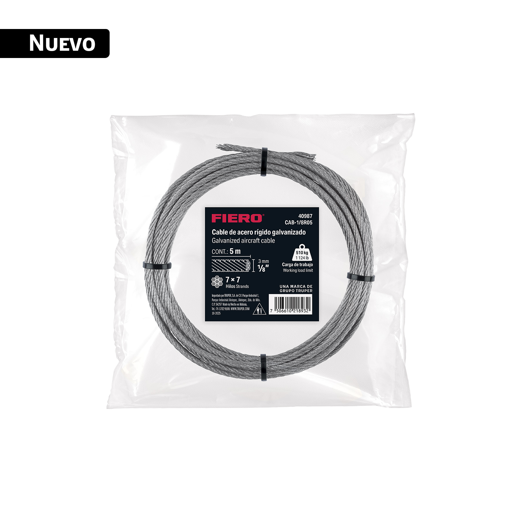 Cable rígido 1/8' x 5 m, acero galvanizado, FIERO