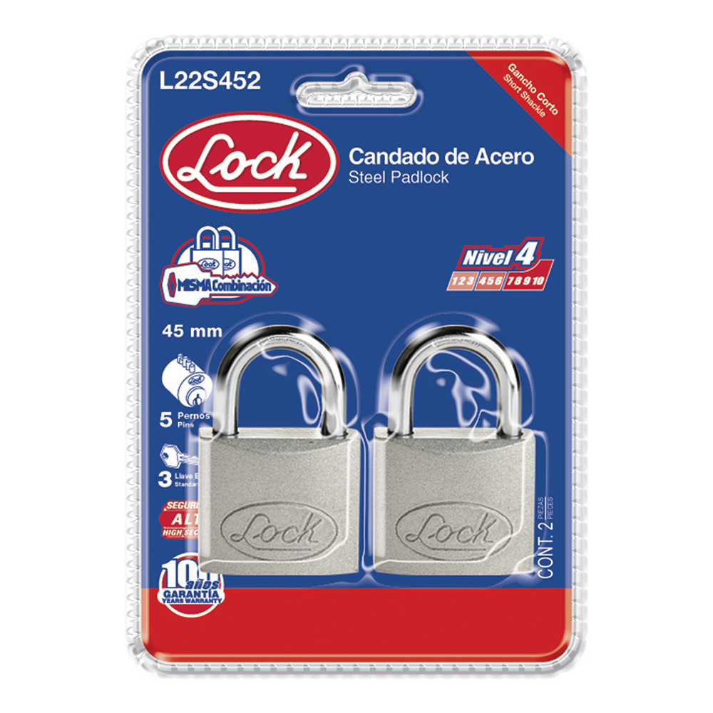 Juego de candados de acero cortos 45 mm, llave estándar, 2 piezas