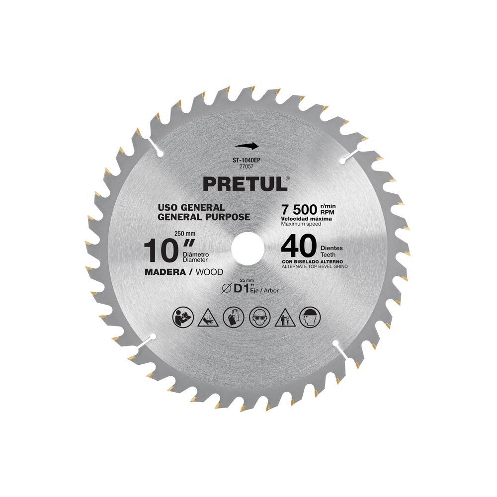 Disco sierra 10' para madera, 40 dientes centro 1', PRETUL