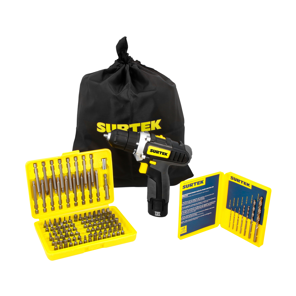 Juego de taladro y atornillador a batería Li-ion 12 V, 4 piezas en morral