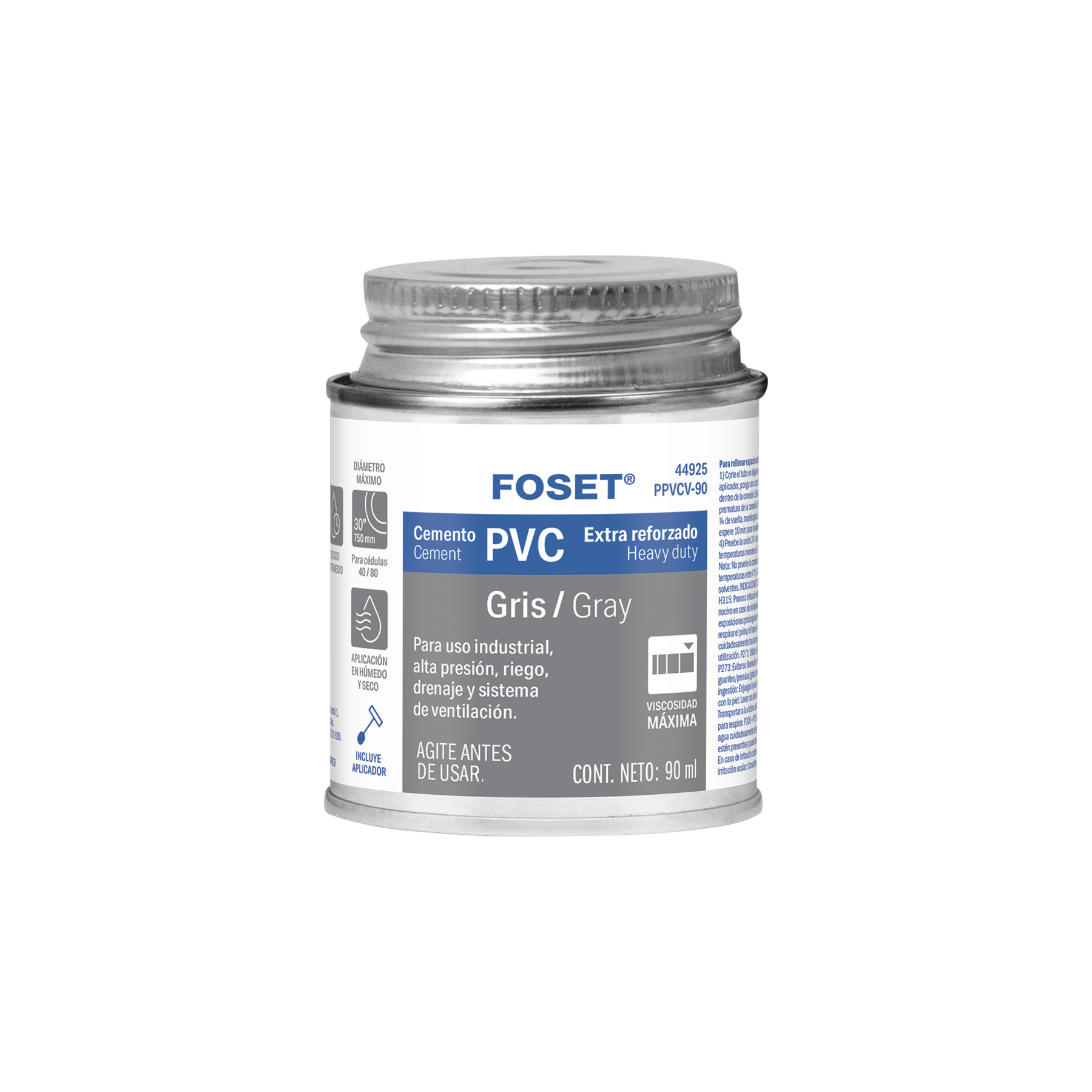 Cemento para PVC, gris, máxima viscosidad, lata 90ml, FOSET