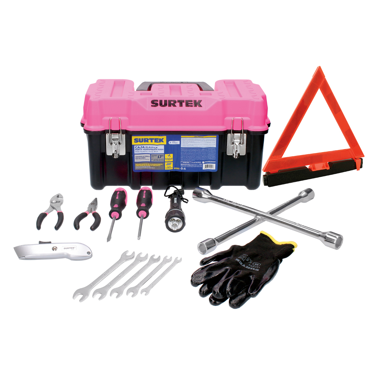 Juego combinado de herramienta automotriz 11 piezas, con caja plástica rosa