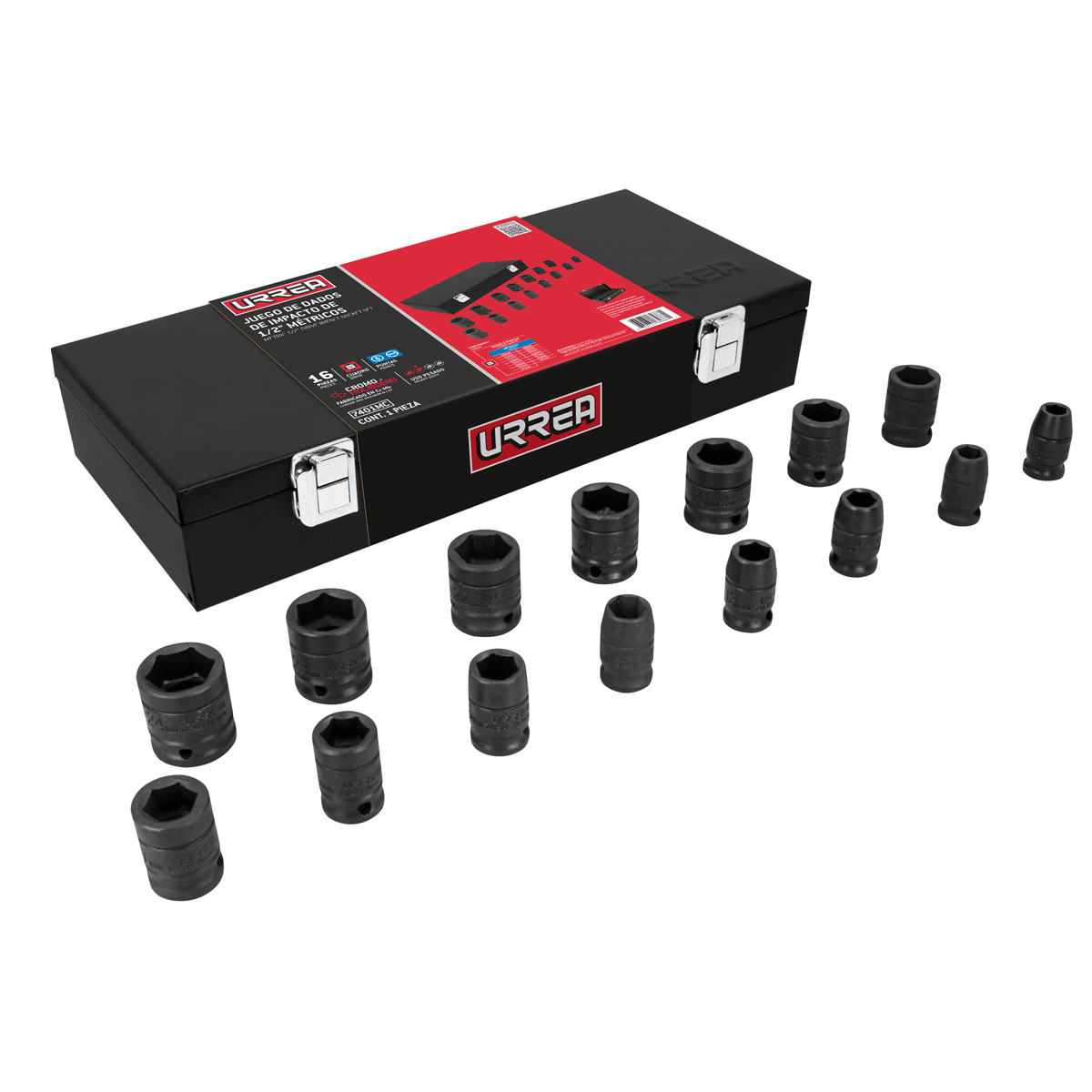 Juego de dados de impacto cuadro de 1/2", 6 puntas, métricos, 15 piezas