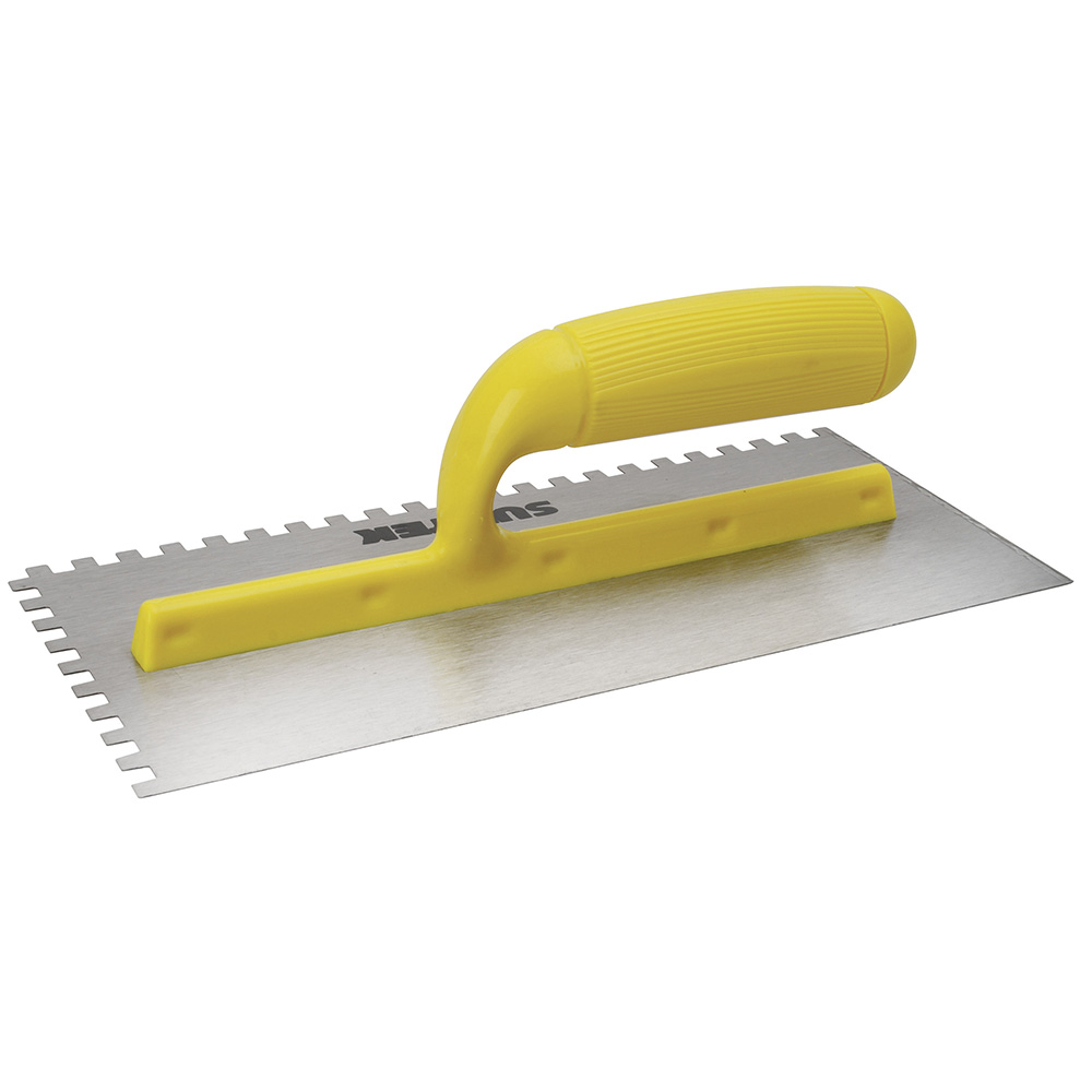 Llana dentada cuadrada de acero al alto carbón con mango de plástico 4 remaches, 11"X5"